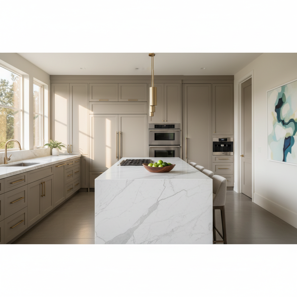 Upscale kitchen with integrated refrigerator and wall oven